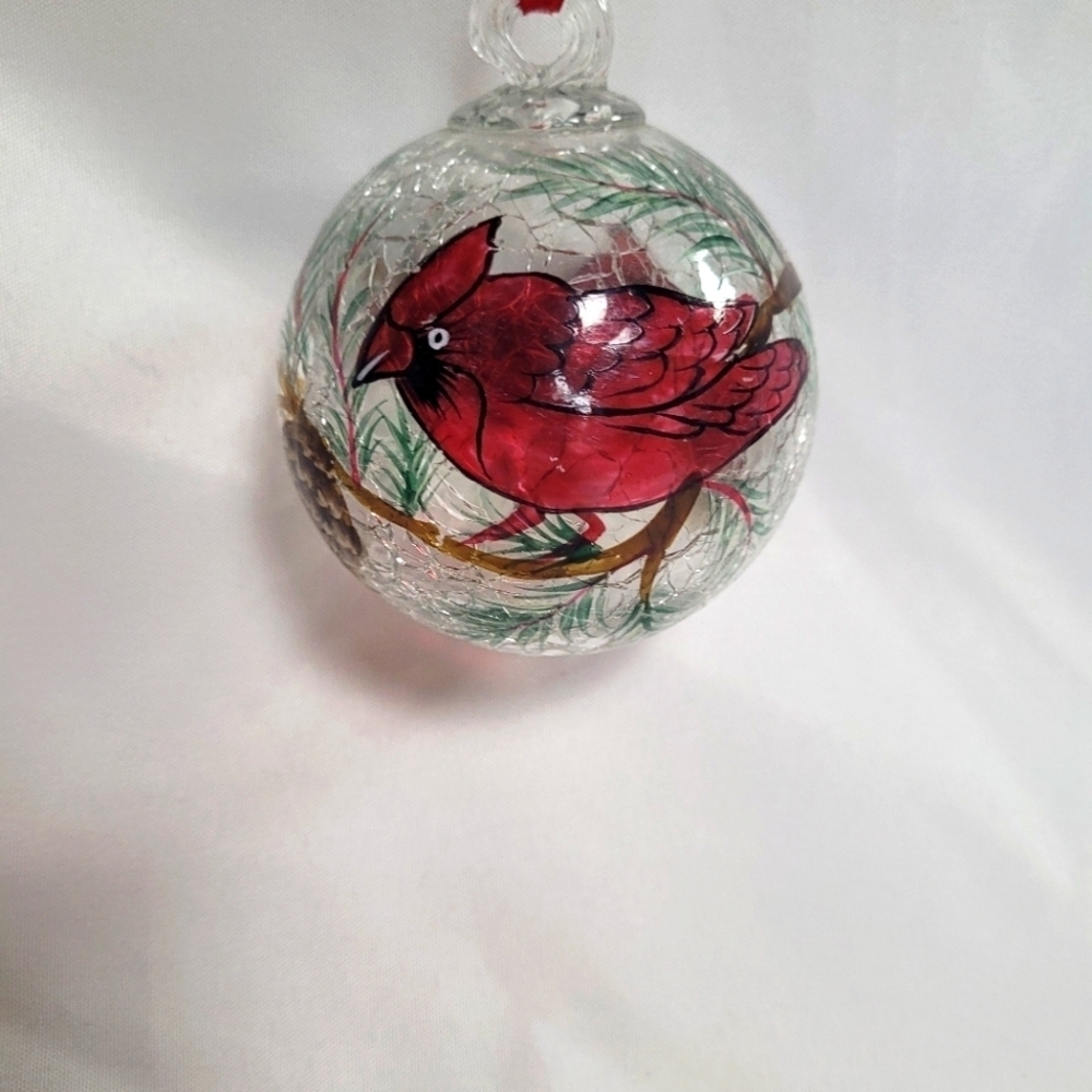 VTG Celebrations Cardinal Xmas Crackled Glass Ball Ornament